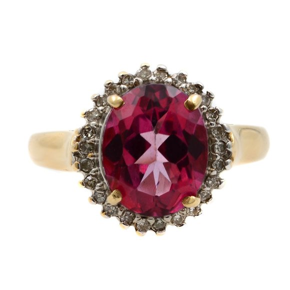 Rachel Koen Pink Tourmaline Diamond Halo Engagement Ring Yellow Gold Oval Size 6